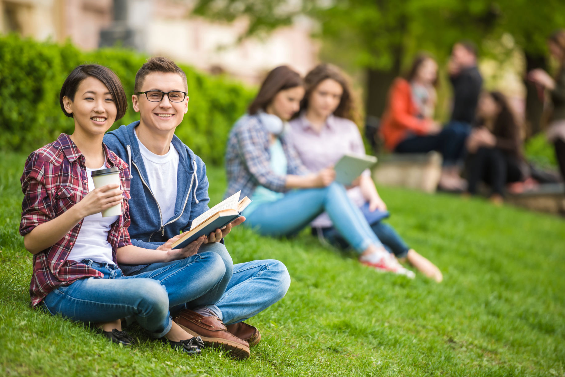 Students sitting on grass at college.