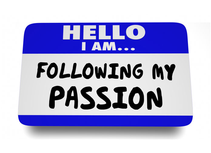 Sticky nametag that reads, "Hello I am Following My Passion.