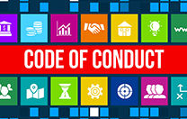 Various education-related icons surround text that displays, "Code of Conduct."
