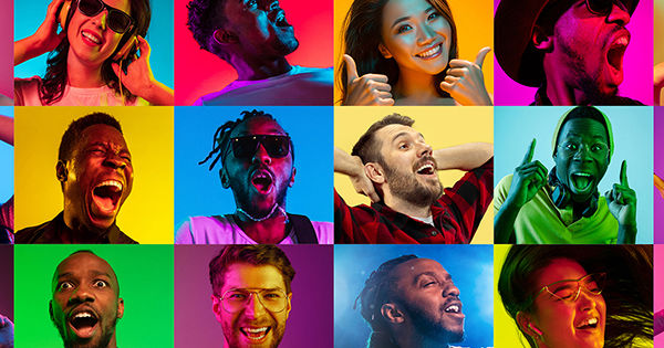 Twelve individuals in a grid exhibiting different emotions.