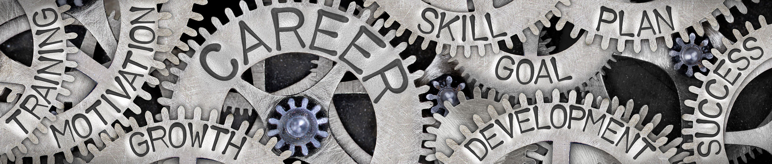 Meshed gears with career related words stamped into the gear metal..