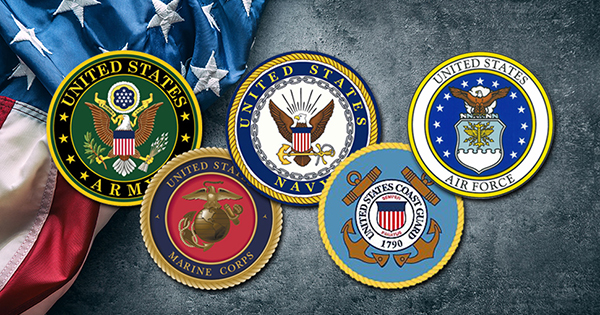 Seals representing all branches of the American military displayed over an American flag.